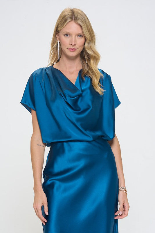 Satin Cowl Neck Short Sleeve Top-1