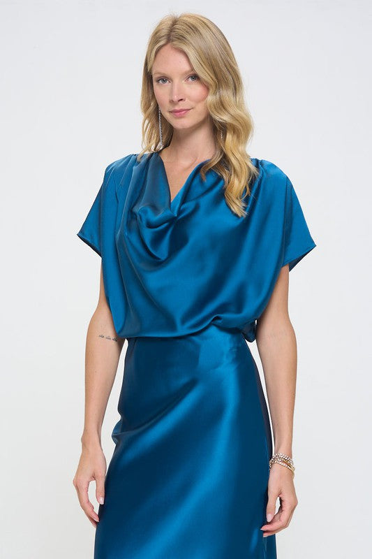 Satin Cowl Neck Short Sleeve Top-2