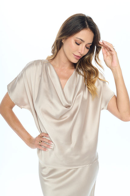 Satin Cowl Neck Short Sleeve Top-0