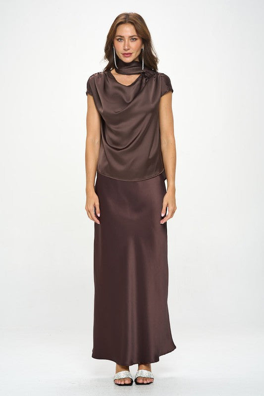 Satin Cowl Neck Short Sleeve Top with Scarf Detail-1