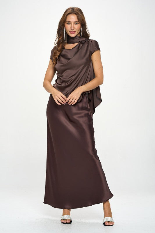 Satin Cowl Neck Short Sleeve Top with Scarf Detail-2