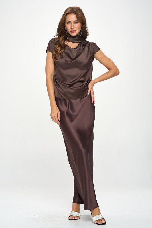 Satin Cowl Neck Short Sleeve Top with Scarf Detail-3