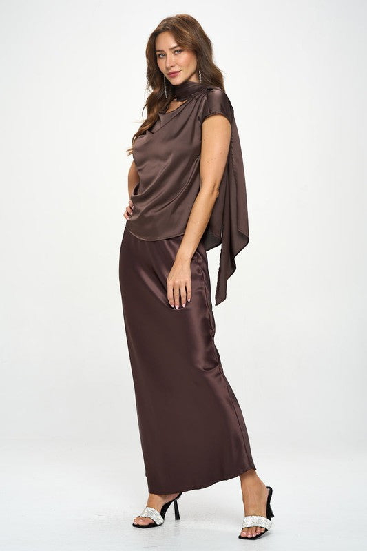 Satin Cowl Neck Short Sleeve Top with Scarf Detail-4