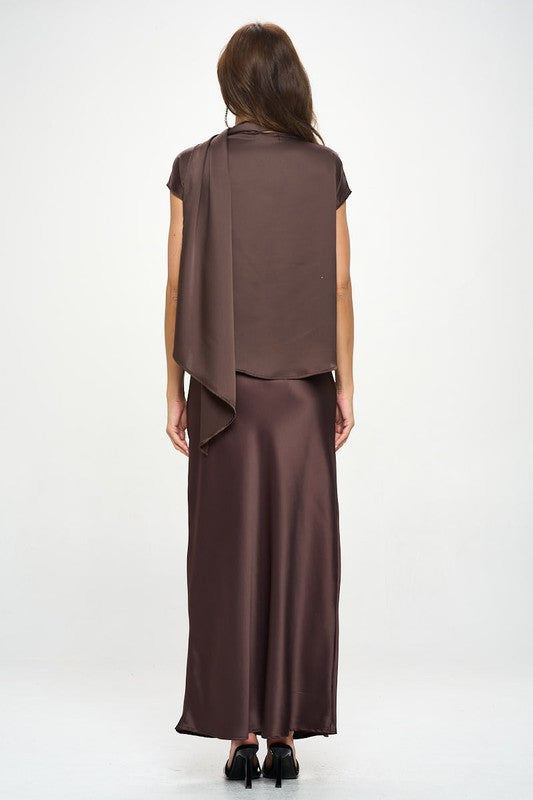 Satin Cowl Neck Short Sleeve Top with Scarf Detail-5