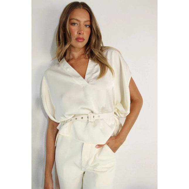 Satin Dolman V Neck Top and Pants Set