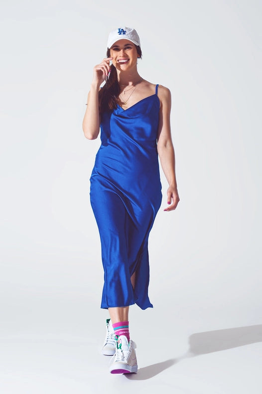 Satin Dress With Waterfall Neckline In Blue