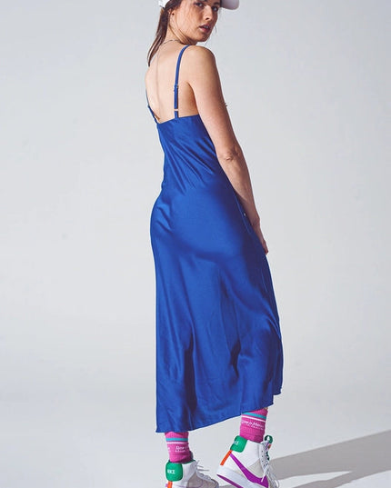 Satin Dress With Waterfall Neckline In Blue