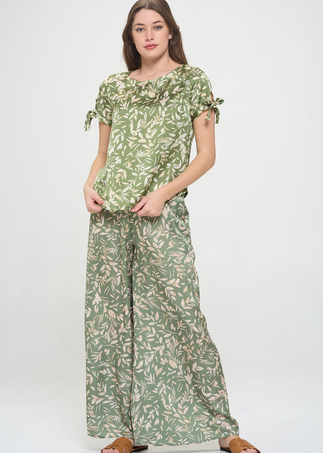 Satin Floral Print Short Sleeve Top with Sleeve Tie-1