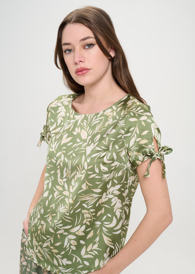 Satin Floral Print Short Sleeve Top with Sleeve Tie-0