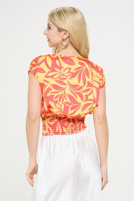 Satin Floral Print V neck Crop Top w Smock Back Detail-3