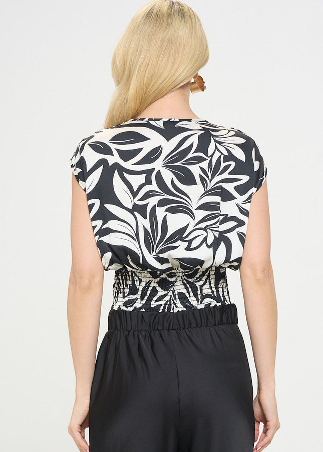 Satin Floral Print V neck Crop Top w Smock Back Detail.-3