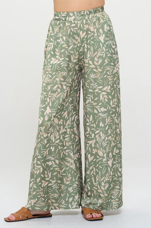 Satin Floral Print Wide Leg Pants with Pockets-0