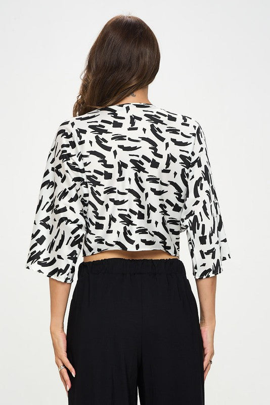 Satin Print Mid Sleeve Top with Front Twist-3