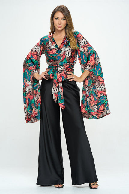 Satin Print Wrap Top with Exaggerated Sleeves-3