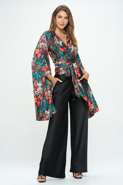 Satin Print Wrap Top with Exaggerated Sleeves-4