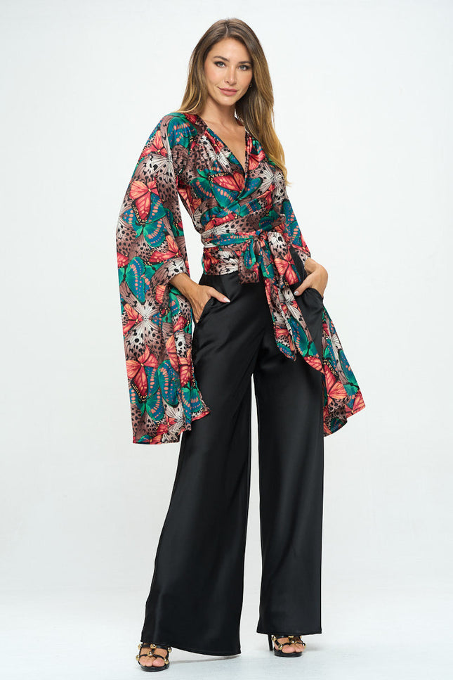 Satin Print Wrap Top with Exaggerated Sleeves-4