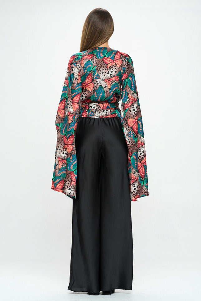 Satin Print Wrap Top with Exaggerated Sleeves-5