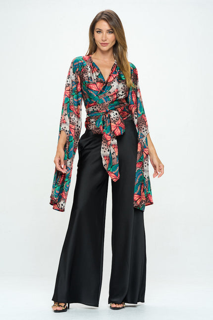 Satin Print Wrap Top with Exaggerated Sleeves-2