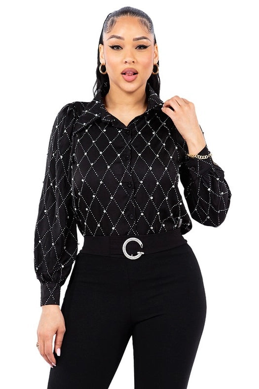 Satin & Rhinestone Button Down Collared Shirts Black