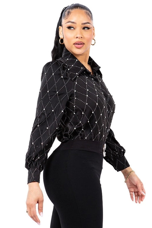 Satin & Rhinestone Button Down Collared Shirts Black