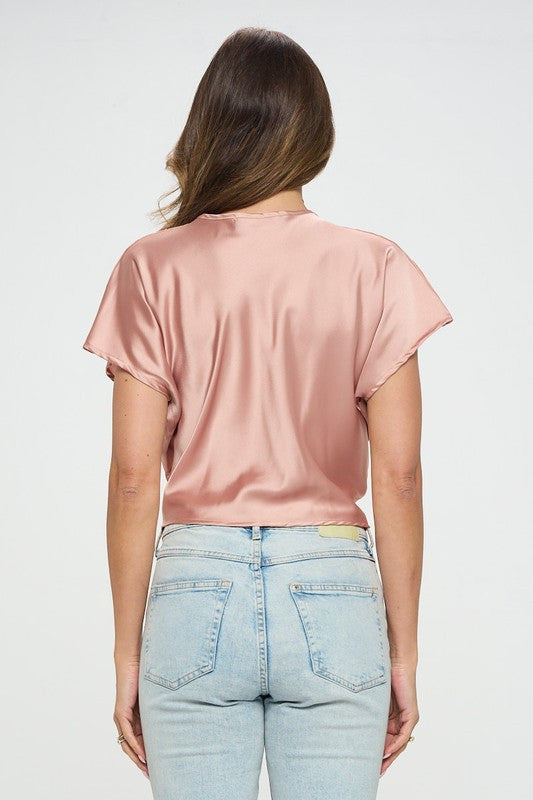 Satin Short Sleeve Top with Front Twist-3