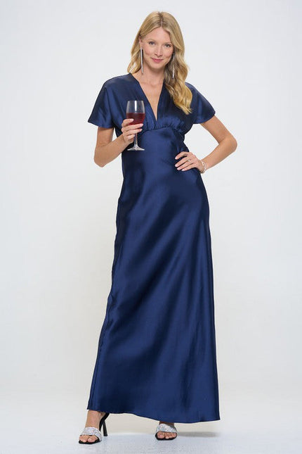 Satin Solid Deep V neck Formal Dress-1