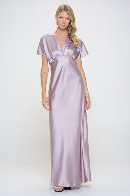 Satin Solid Deep V neck Formal Dress-3