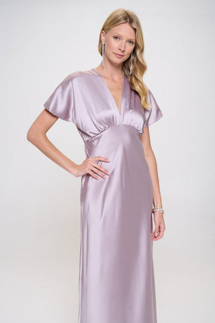 Satin Solid Deep V neck Formal Dress-0