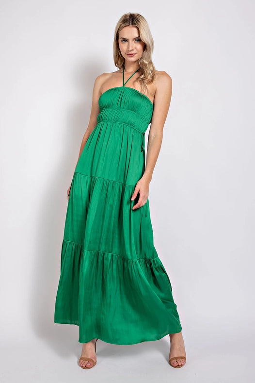 Satin Tiered Maxi Dress EMERALD