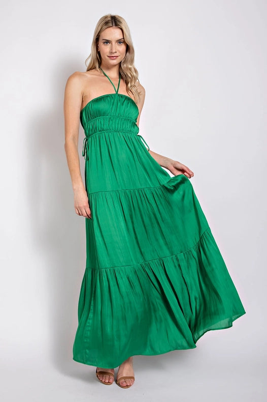 Satin Tiered Maxi Dress EMERALD