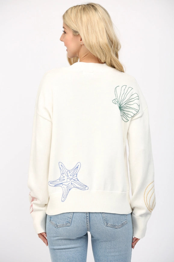 Seashells Emb Crew Neck Sweater