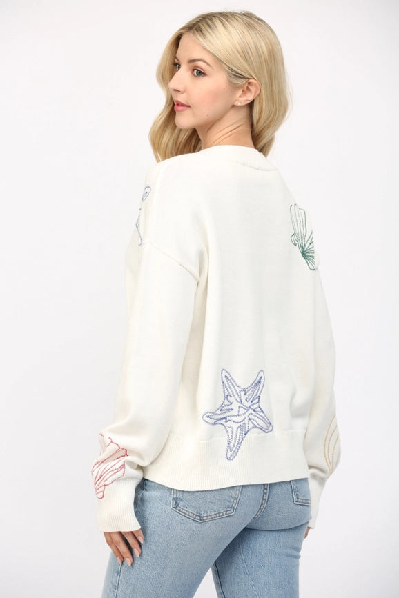 Seashells Emb Crew Neck Sweater