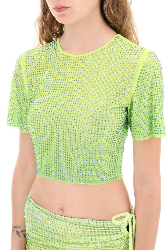 Self portrait cropped top in mesh with crystals all-over-women > clothing > tops-Self Portrait-6-Green-Urbanheer