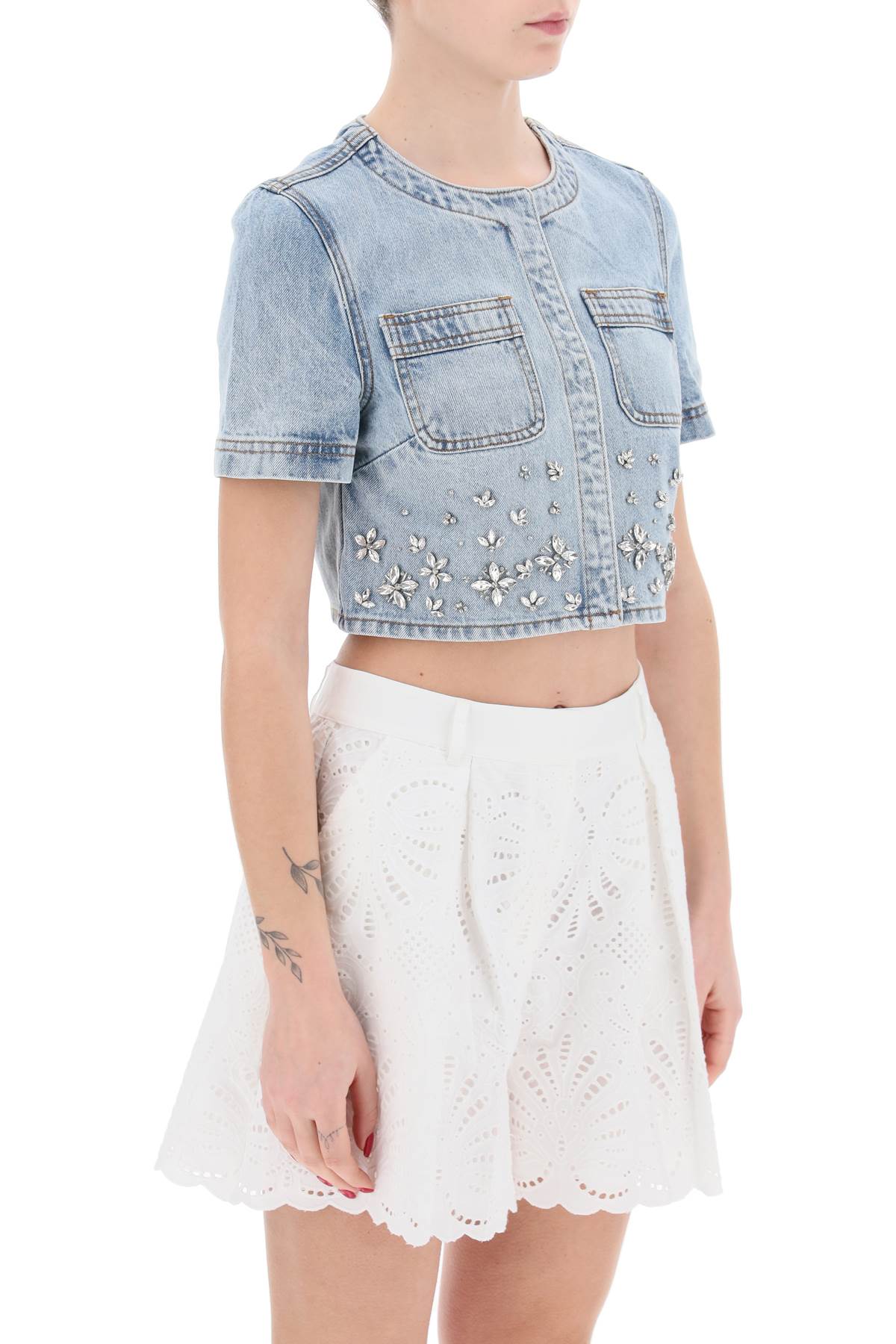 Self portrait denim crop top with crystals embellishments-women > clothing > tops-Self Portrait-Urbanheer