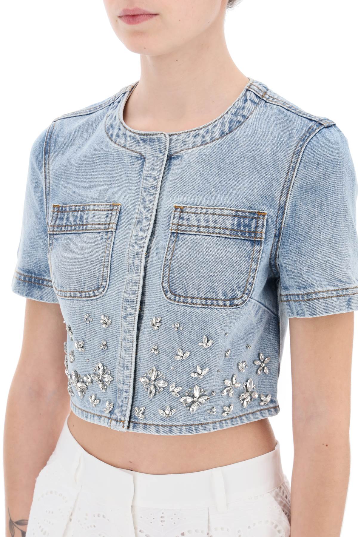 Self portrait denim crop top with crystals embellishments-women > clothing > tops-Self Portrait-Urbanheer