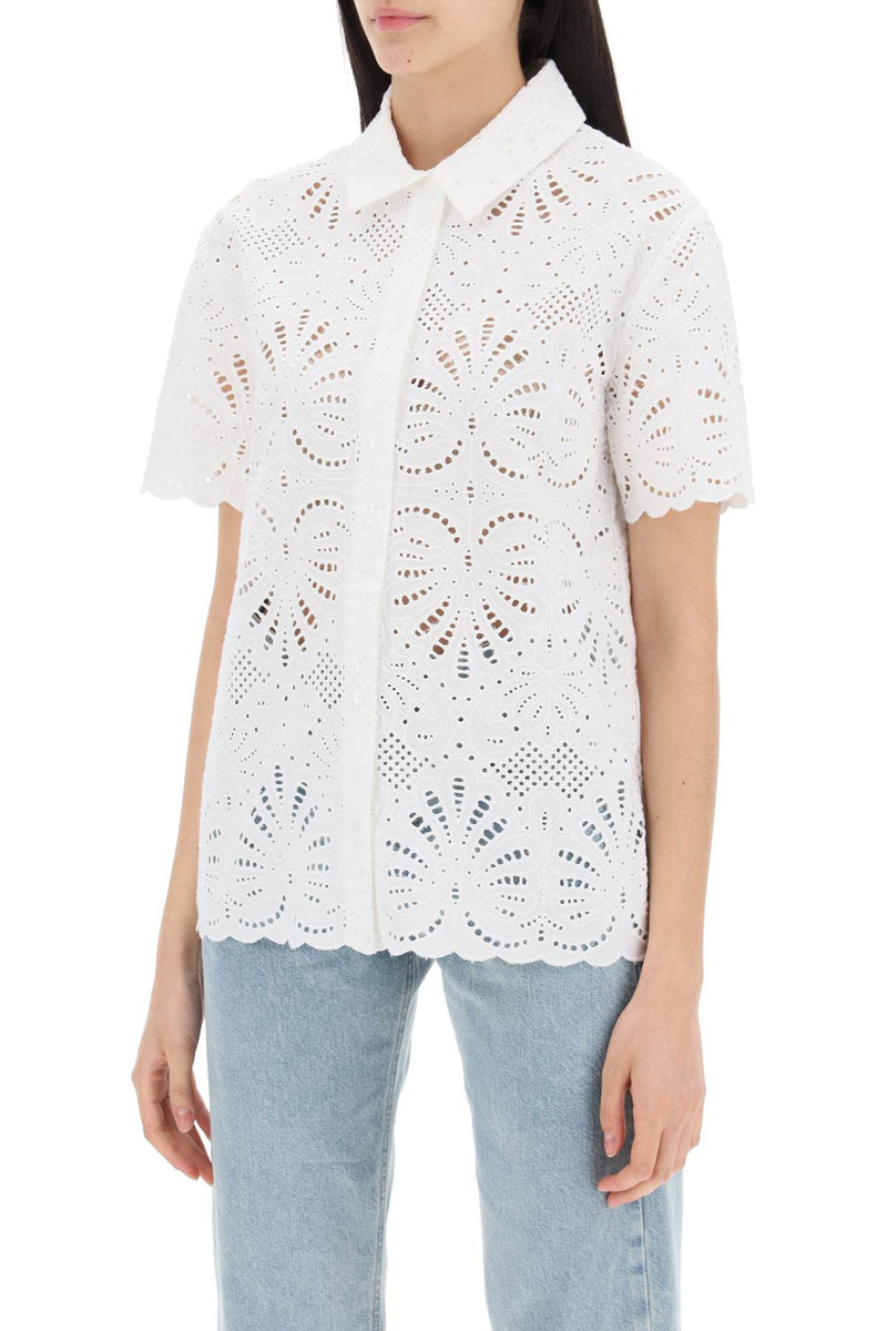 Self Portrait Short-Sleeved Sangallo Lace Shirt-women > clothing > shirts and blouses > shirts-Self Portrait-6-White-Urbanheer