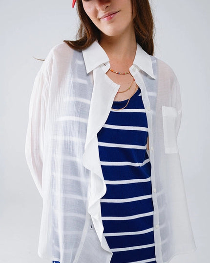 Semi Sheer White Blouse with Ruffle Detail Down the Front