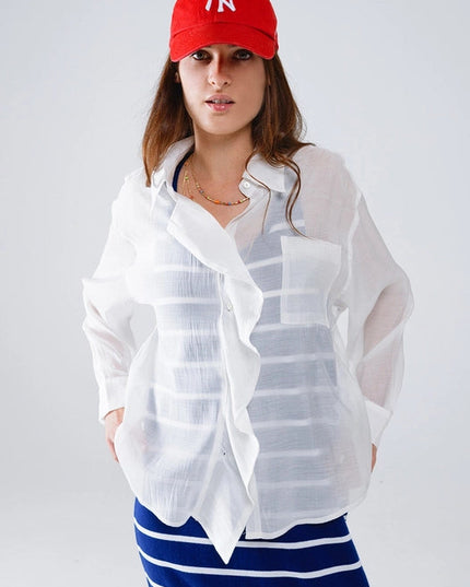 Semi Sheer White Blouse with Ruffle Detail Down the Front