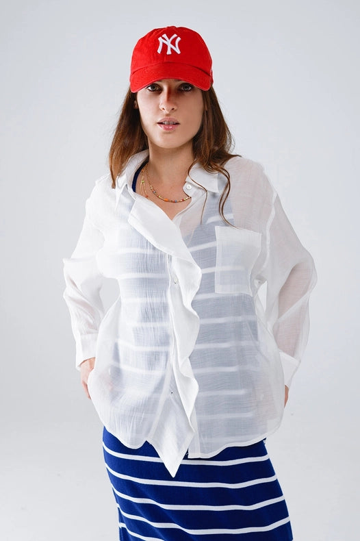 Semi Sheer White Blouse with Ruffle Detail Down the Front