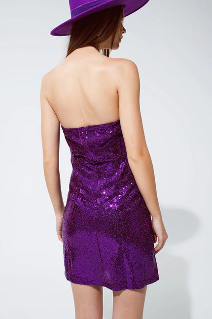 Sequin Bandeau Mini Pencil Dress in Purple