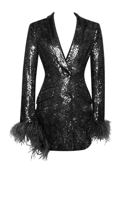 Sequin Blazer Dress with Feather Cuffs and Slit Skirt