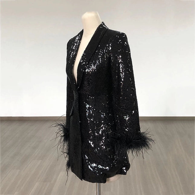 Sequin Blazer Dress with Feather Cuffs and Slit Skirt