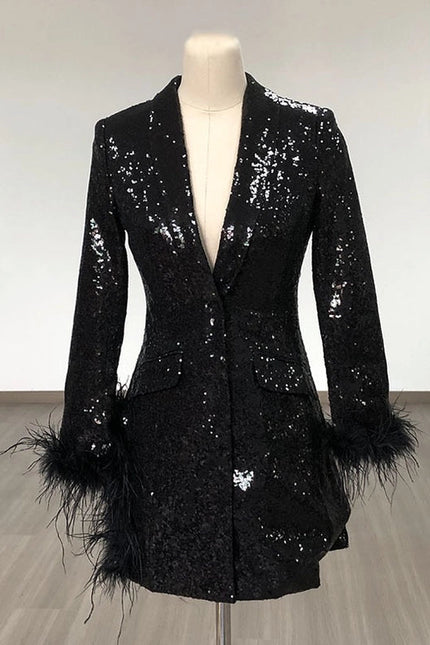 Sequin Blazer Dress with Feather Cuffs and Slit Skirt