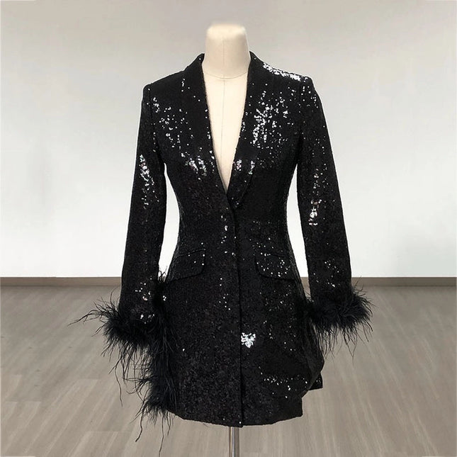 Sequin Blazer Dress with Feather Cuffs and Slit Skirt