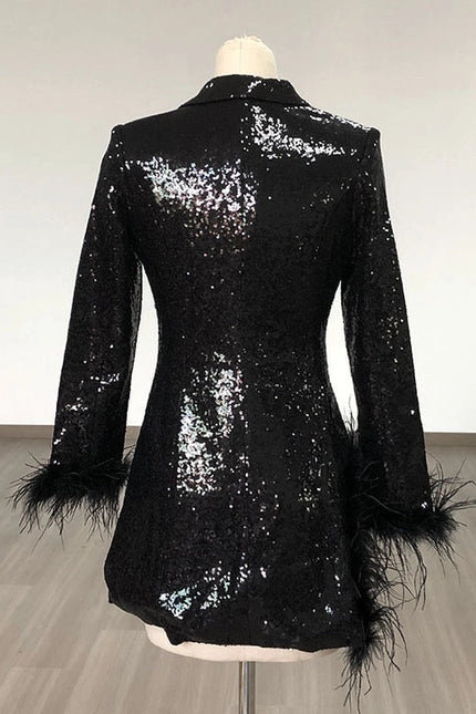 Sequin Blazer Dress with Feather Cuffs and Slit Skirt