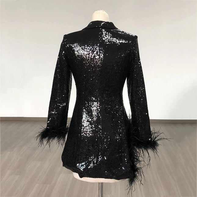 Sequin Blazer Dress with Feather Cuffs and Slit Skirt