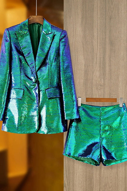 Sequin Blazer & Shorts Set - Fashion Two-Piece Green