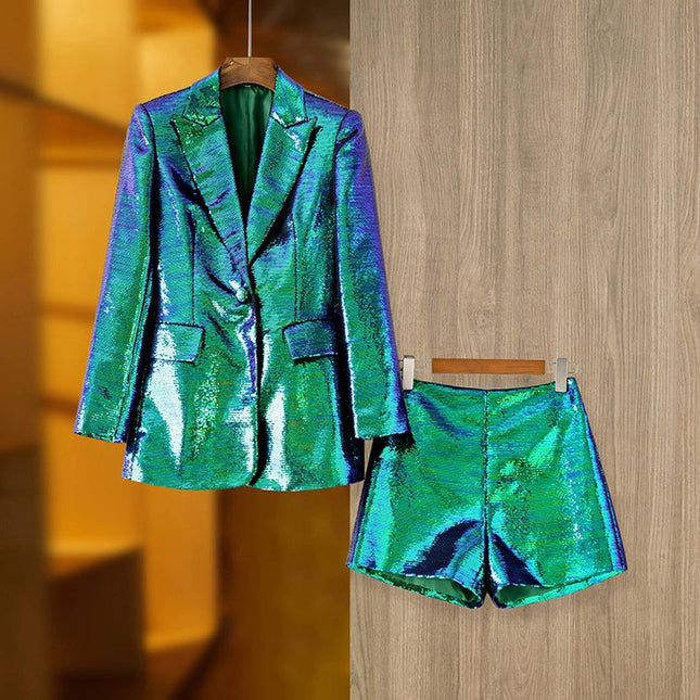 Sequin Blazer & Shorts Set - Fashion Two-Piece Green