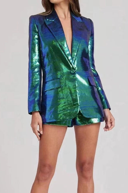 Sequin Blazer & Shorts Set - Fashion Two-Piece Green