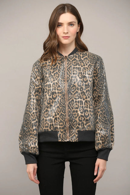 Sequin Embellished Animal Print Bomber Jacket